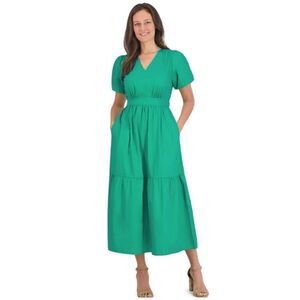 French Connection Poplin Puff Sleeve
V Neck Tiered Fit and Flare Maxi Dress